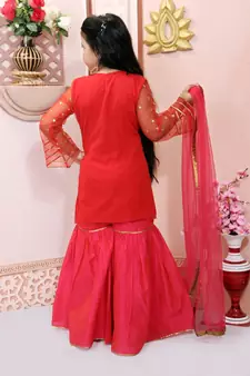 Red embroidered net kids salwar suits