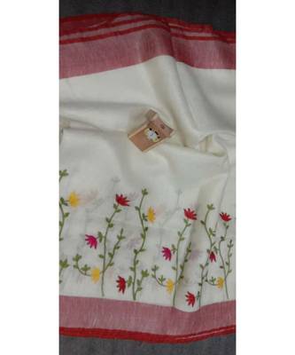 white Handcrafted Linen Saree with embroidery work on the saree 1