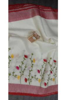 white Handcrafted Linen Saree with embroidery work on the saree
