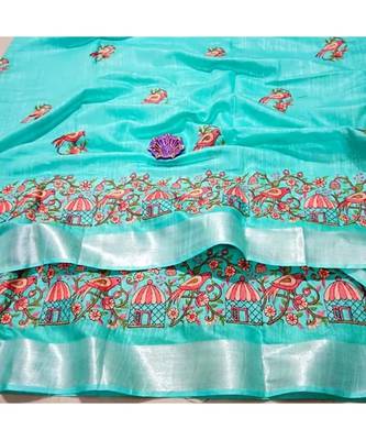 blue Handcrafted Linen Saree with embroidery work on the saree 1