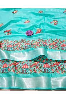 blue Handcrafted Linen Saree with embroidery work on the saree