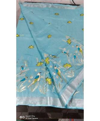 blue Handcrafted Linen Saree with embroidery work on the saree 1