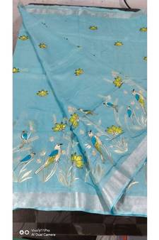 blue Handcrafted Linen Saree with embroidery work on the saree