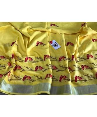 yellow Handcrafted Linen Saree with embroidery work on the saree 1