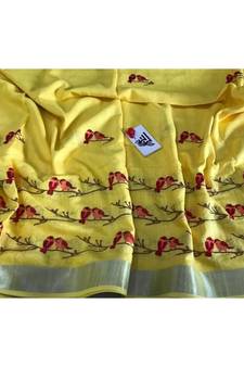 yellow Handcrafted Linen Saree with embroidery work on the saree