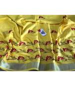 yellow Handcrafted Linen Saree with embroidery work on the saree