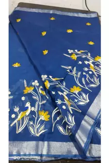 blue Handcrafted Linen Saree with embroidery work on the saree