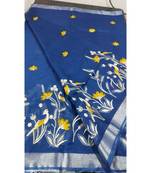 blue Handcrafted Linen Saree with embroidery work on the saree