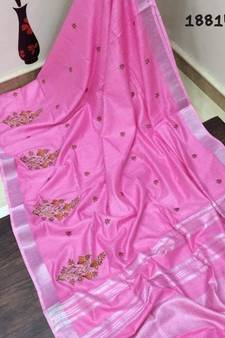 pink Handcrafted Linen Saree with embroidery work on the saree