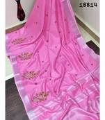 pink Handcrafted Linen Saree with embroidery work on the saree