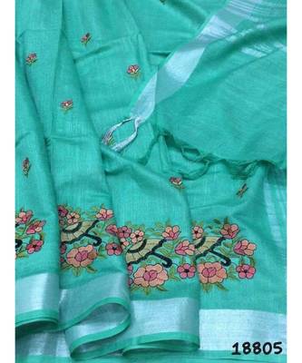 blue Handcrafted Linen Saree with embroidery work on the saree 1