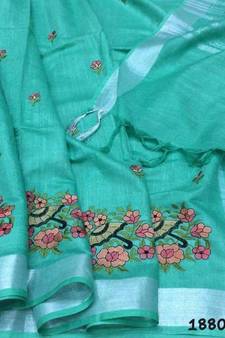 blue Handcrafted Linen Saree with embroidery work on the saree