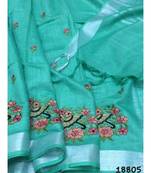 blue Handcrafted Linen Saree with embroidery work on the saree