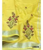 yellow Handcrafted Linen Saree with embroidery work on the saree