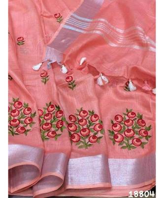 cream Handcrafted Linen Saree with embroidery work on the saree 1