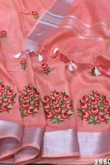 cream Handcrafted Linen Saree with embroidery work on the saree
