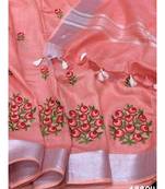cream Handcrafted Linen Saree with embroidery work on the saree
