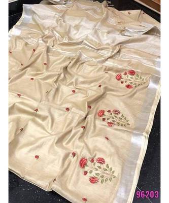 cream Handcrafted Linen Saree with embroidery work on the saree 1