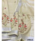 cream Handcrafted Linen Saree with embroidery work on the saree