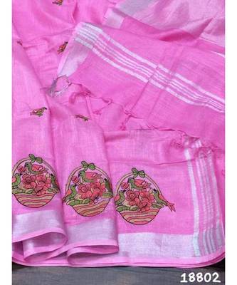 pink Handcrafted Linen Saree with embroidery work on the saree 1
