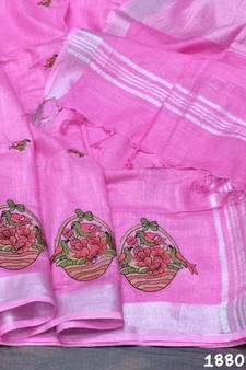 pink Handcrafted Linen Saree with embroidery work on the saree