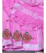 pink Handcrafted Linen Saree with embroidery work on the saree