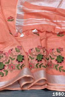 cream Handcrafted Linen Saree with embroidery work on the saree