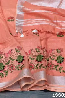 cream Handcrafted Linen Saree with embroidery work on the saree