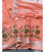 cream Handcrafted Linen Saree with embroidery work on the saree