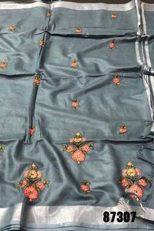 grey Handcrafted Linen Saree with embroidery work on the saree