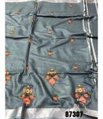 grey Handcrafted Linen Saree with embroidery work on the saree