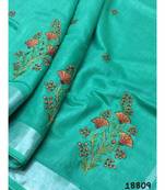 blue Handcrafted Linen Saree with embroidery work on the saree