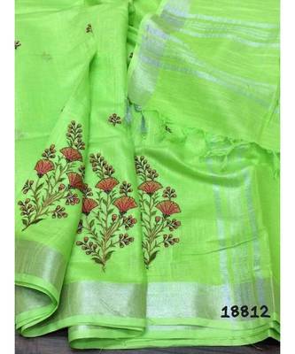 light_green Handcrafted Linen Saree with embroidery work on the saree 1