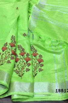 light_green Handcrafted Linen Saree with embroidery work on the saree