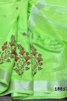 light_green Handcrafted Linen Saree with embroidery work on the saree