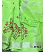 light_green Handcrafted Linen Saree with embroidery work on the saree