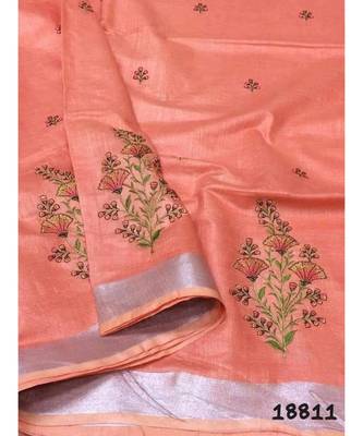 cream Handcrafted Linen Saree with embroidery work on the saree 1