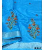 blue Handcrafted Linen Saree with embroidery work on the saree
