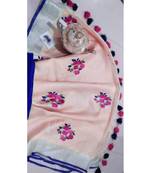 cream Handcrafted Linen Saree with embroidery work on the saree