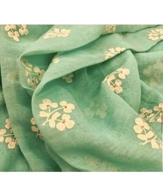 green Handcrafted Linen Saree with embroidery work on the saree 1