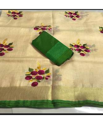 multicolor Handcrafted Linen Saree with embroidery work on the saree 1