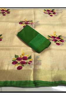 multicolor Handcrafted Linen Saree with embroidery work on the saree