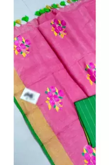 pink Handcrafted Linen Saree with embroidery work on the saree