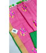 pink Handcrafted Linen Saree with embroidery work on the saree