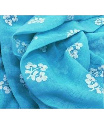 blue Handcrafted Linen Saree with embroidery work on the saree 1
