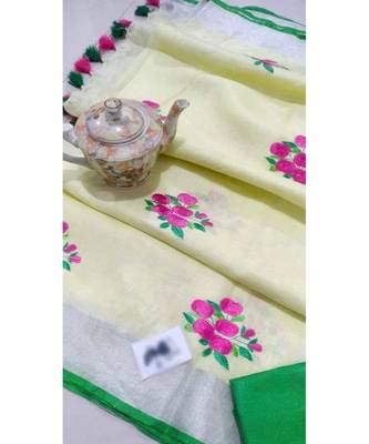 white Handcrafted Linen Saree with embroidery work on the saree 1