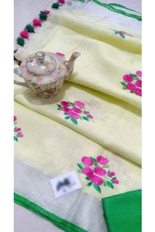 white Handcrafted Linen Saree with embroidery work on the saree
