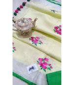 white Handcrafted Linen Saree with embroidery work on the saree