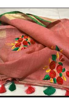 brown Handcrafted Linen Saree with embroidery work on the saree