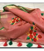 brown Handcrafted Linen Saree with embroidery work on the saree